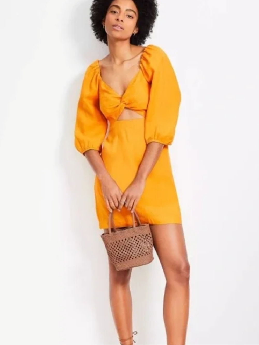 LOFT Beach Rusty Orange 100% Linen Cut Out Puff Sleeve Mini Pocket Dress SZ‎ M - Picture 13 of 14